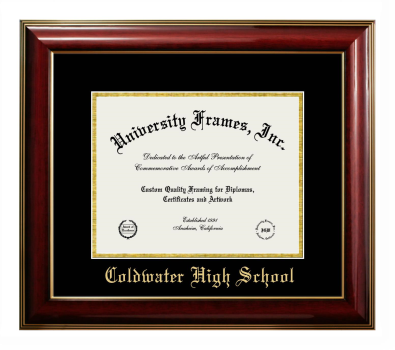 Coldwater High School Diploma Frame in Classic Mahogany with Gold Trim with Black & Gold Mats for document: 8 1/2"h x 11"w  