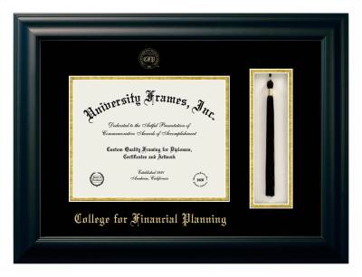 College for Financial Planning Diploma with Tassel Box Frame in Satin Black with Black & Gold Mats for DOCUMENT: 8 1/2"H X 11"W  