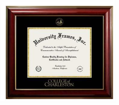 College of Charleston Diploma Frame in Classic Mahogany with Gold Trim with Black & Gold Mats for DOCUMENT: 8 1/2"H X 11"W  