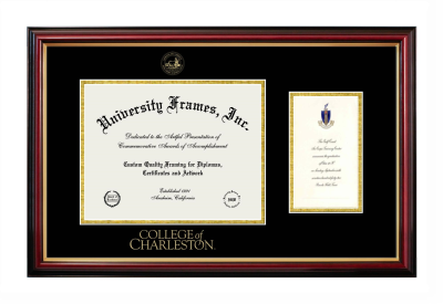 College of Charleston Diploma with Announcement Frame in Petite Mahogany with Gold Trim with Black & Gold Mats for document: 8 1/2"h x 11"w  , diploma: 7"h x 4"w  