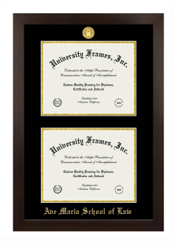 Ave Maria School of Law Double Degree (Stacked) Frame in Manhattan Espresso with Black & Gold Mats for DOCUMENT: 8 1/2"H X 11"W  , DOCUMENT: 8 1/2"H X 11"W  