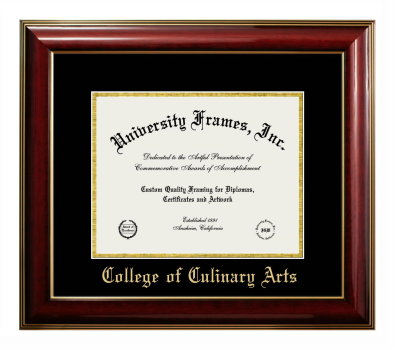 College of Culinary Arts Diploma Frame in Classic Mahogany with Gold Trim with Black & Gold Mats for DOCUMENT: 8 1/2"H X 11"W  