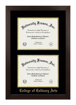 College of Culinary Arts Double Diploma Frame in Manhattan Espresso with Black & Gold Mats for DOCUMENT: 8 1/2"H X 11"W  , DOCUMENT: 8 1/2"H X 11"W  