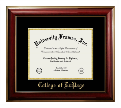 College of DuPage Diploma Frame in Classic Mahogany with Gold Trim with Black & Gold Mats for DOCUMENT: 8 1/2"H X 11"W  