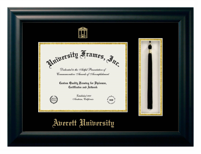 Averett University Diploma with Tassel Box Frame in Satin Black with Black & Gold Mats for DOCUMENT: 8 1/2"H X 11"W  