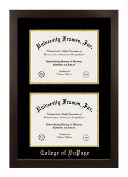 College of DuPage Double Degree (Stacked) Frame in Manhattan Espresso with Black & Gold Mats for document: 8 1/2"h x 11"w  , document: 8 1/2"h x 11"w  