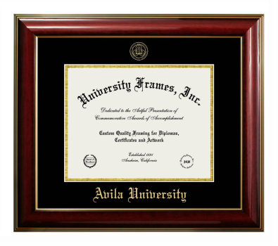 Avila University Diploma Frame in Classic Mahogany with Gold Trim with Black & Gold Mats for DOCUMENT: 8 1/2"H X 11"W  