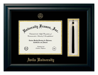 Avila University Diploma with Tassel Box Frame in Satin Black with Black & Gold Mats for DOCUMENT: 8 1/2"H X 11"W  