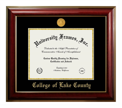 College of Lake County Diploma Frame in Classic Mahogany with Gold Trim with Black & Gold Mats for document: 8 1/2"h x 11"w  