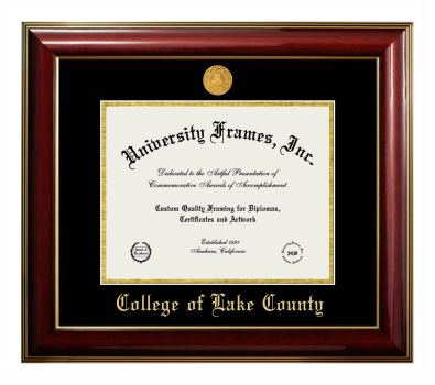 College of Lake County Diploma Frame in Classic Mahogany with Gold Trim with Black & Gold Mats for DOCUMENT: 8 1/2"H X 11"W  