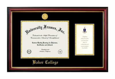 Baker College (Flint) Diploma with Announcement Frame in Petite Mahogany with Gold Trim with Black & Gold Mats for document: 8 1/2"h x 11"w  , diploma: 7"h x 4"w  