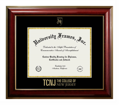 College of New Jersey Diploma Frame in Classic Mahogany with Gold Trim with Black & Gold Mats for DOCUMENT: 8 1/2"H X 11"W  