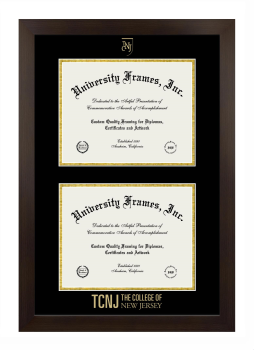 College of New Jersey Double Degree (Stacked) Frame in Manhattan Espresso with Black & Gold Mats for document: 8 1/2"h x 11"w  , document: 8 1/2"h x 11"w  