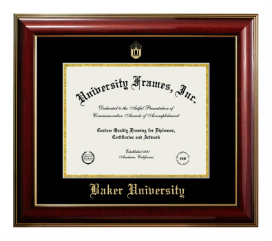 Baker University Diploma Frame in Classic Mahogany with Gold Trim with Black & Gold Mats for DOCUMENT: 8 1/2"H X 11"W  