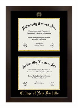 College of New Rochelle Double Degree (Stacked) Frame in Manhattan Espresso with Black & Gold Mats for document: 8 1/2"h x 11"w  , document: 8 1/2"h x 11"w  