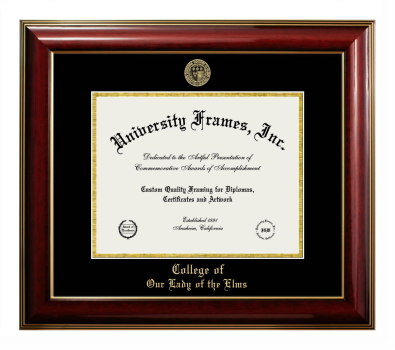 College of Our Lady of the Elms Diploma Frame in Classic Mahogany with Gold Trim with Black & Gold Mats for DOCUMENT: 8 1/2"H X 11"W  