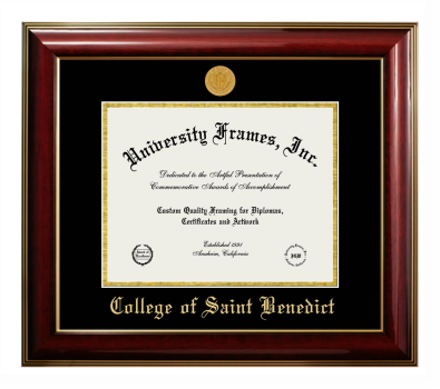 College of Saint Benedict Diploma Frame in Classic Mahogany with Gold Trim with Black & Gold Mats for DOCUMENT: 8 1/2"H X 11"W  