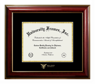 Ball State University Diploma Frame in Classic Mahogany with Gold Trim with Black & Gold Mats for DOCUMENT: 8 1/2"H X 11"W  