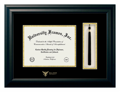 Ball State University Diploma with Tassel Box Frame in Satin Black with Black & Gold Mats for DOCUMENT: 8 1/2"H X 11"W  