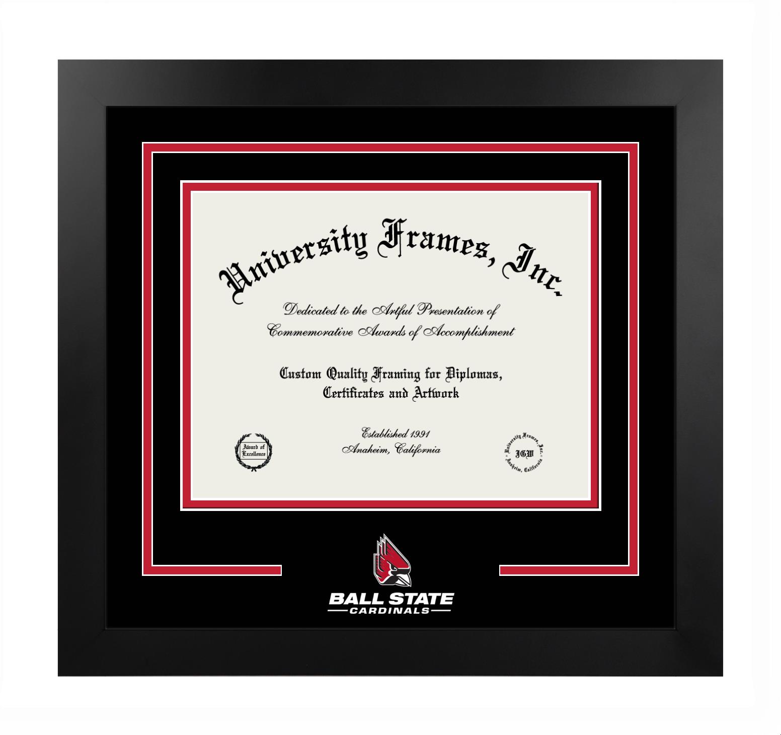 Ball State University Ball State University Logo Mat Frame in Manhattan Black with Black & Red Mats for DOCUMENT: 8 1/2"H X 11"W  