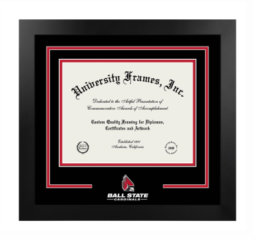 Ball State University Logo Mat Frame in Manhattan Black with Black & Red Mats for DOCUMENT: 8 1/2"H X 11"W  