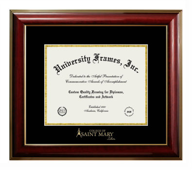 College of Saint Mary Bloom Diploma Frame in Classic Mahogany with Gold Trim with Black & Gold Mats for DOCUMENT: 8 1/2"H X 11"W  