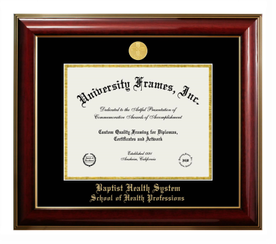 Baptist Health System School of Health Professions Diploma Frame in Classic Mahogany with Gold Trim with Black & Gold Mats for DOCUMENT: 8 1/2"H X 11"W  