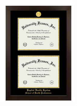Baptist Health System School of Health Professions Double Degree (Stacked) Frame in Manhattan Espresso with Black & Gold Mats for DOCUMENT: 8 1/2"H X 11"W  , DOCUMENT: 8 1/2"H X 11"W  