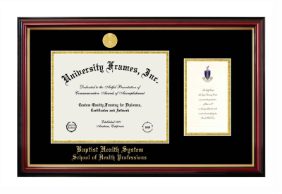 Baptist Health System School of Health Professions Diploma with Announcement Frame in Petite Mahogany with Gold Trim with Black & Gold Mats for document: 8 1/2"h x 11"w  , diploma: 7"h x 4"w  