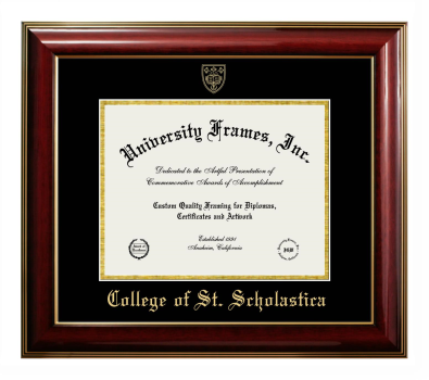 College of St. Scholastica Diploma Frame in Classic Mahogany with Gold Trim with Black & Gold Mats for DOCUMENT: 8 1/2"H X 11"W  