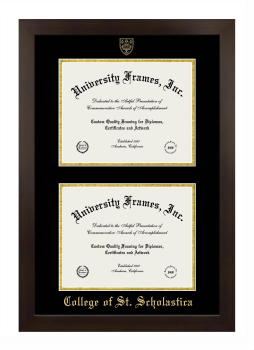 College of St. Scholastica Double Degree (Stacked) Frame in Manhattan Espresso with Black & Gold Mats for document: 8 1/2"h x 11"w  , document: 8 1/2"h x 11"w  
