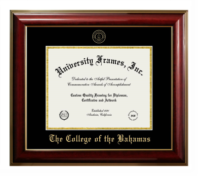 College of the Bahamas Diploma Frame in Classic Mahogany with Gold Trim with Black & Gold Mats for DOCUMENT: 8 1/2"H X 11"W  