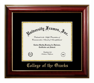 College of the Ozarks Diploma Frame in Classic Mahogany with Gold Trim with Black & Gold Mats for DOCUMENT: 8 1/2"H X 11"W  