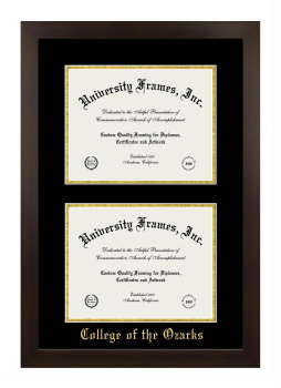 College of the Ozarks Double Degree (Stacked) Frame in Manhattan Espresso with Black & Gold Mats for document: 8 1/2"h x 11"w  , document: 8 1/2"h x 11"w  