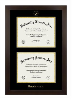 Baruch College Double Degree (Stacked) Frame in Manhattan Espresso with Black & Gold Mats for DOCUMENT: 8 1/2"H X 11"W  , DOCUMENT: 8 1/2"H X 11"W  