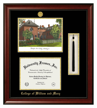 College of William and Mary Double Opening with Campus Image & Tassel Box (Stacked) Frame in Avalon Mahogany with Black & Gold Mats for DOCUMENT: 8 1/2"H X 11"W  