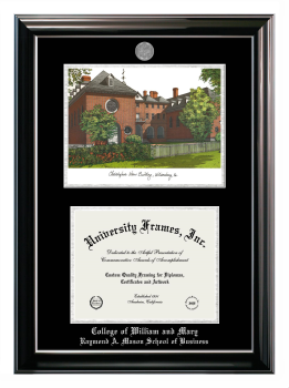 College of William and Mary Raymond A. Mason School of Business Double Opening with Campus Image (Stacked) Frame in Classic Ebony with Silver Trim with Black & Silver Mats for DOCUMENT: 8 1/2"H X 11"W  