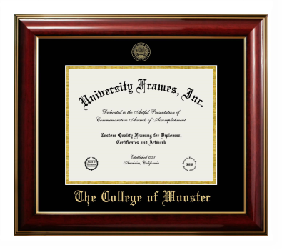 College of Wooster Diploma Frame in Classic Mahogany with Gold Trim with Black & Gold Mats for DOCUMENT: 8 1/2"H X 11"W  