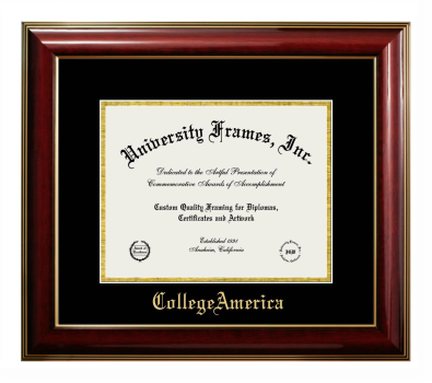 CollegeAmerica Diploma Frame in Classic Mahogany with Gold Trim with Black & Gold Mats for document: 8 1/2"h x 11"w  
