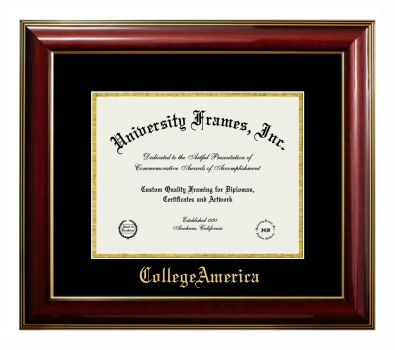CollegeAmerica Diploma Frame in Classic Mahogany with Gold Trim with Black & Gold Mats for DOCUMENT: 8 1/2"H X 11"W  