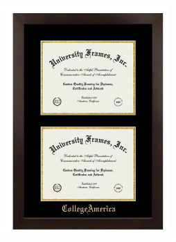 CollegeAmerica Double Degree (Stacked) Frame in Manhattan Espresso with Black & Gold Mats for document: 8 1/2"h x 11"w  , document: 8 1/2"h x 11"w  