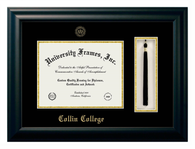 Collin College Diploma with Tassel Box Frame in Satin Black with Black & Gold Mats for DOCUMENT: 8 1/2"H X 11"W  