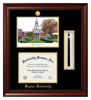 Baylor University Double Opening with Campus Image & Tassel Box (Stacked) Frame in Avalon Mahogany with Black & Gold Mats for DOCUMENT: 8 1/2"H X 11"W  