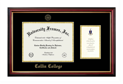 Collin College Diploma with Announcement Frame in Petite Mahogany with Gold Trim with Black & Gold Mats for document: 8 1/2"h x 11"w  , diploma: 7"h x 4"w  