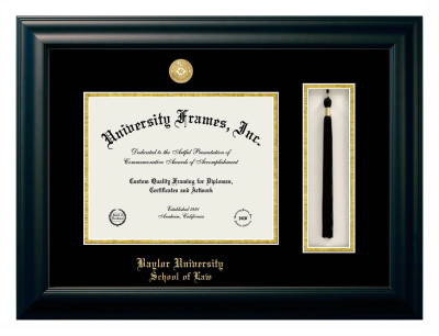 Baylor University School of Law Diploma with Tassel Box Frame in Satin Black with Black & Gold Mats for DOCUMENT: 8 1/2"H X 11"W  