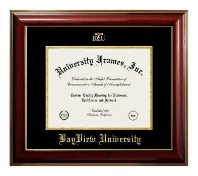 BayView University Diploma Frame in Classic Mahogany with Gold Trim with Black & Gold Mats for DOCUMENT: 8 1/2"H X 11"W  