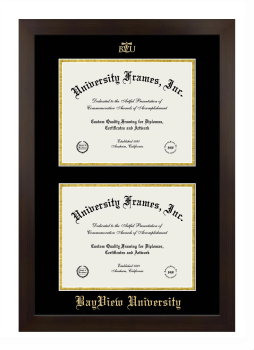 BayView University Double Degree (Stacked) Frame in Manhattan Espresso with Black & Gold Mats for document: 8 1/2"h x 11"w  , document: 8 1/2"h x 11"w  