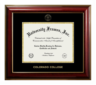 Colorado College Diploma Frame in Classic Mahogany with Gold Trim with Black & Gold Mats for DOCUMENT: 8 1/2"H X 11"W  