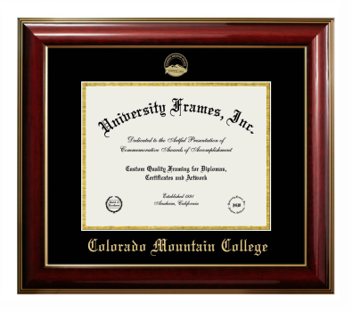 Colorado Mountain College Diploma Frame in Classic Mahogany with Gold Trim with Black & Gold Mats for DOCUMENT: 8 1/2"H X 11"W  