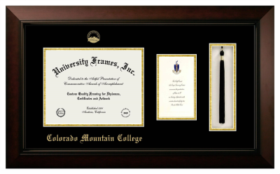 Colorado Mountain College Diploma with Announcement & Tassel Box Frame in Legacy Black Cherry with Black & Gold Mats for document: 8 1/2"h x 11"w  , diploma: 7"h x 4"w  